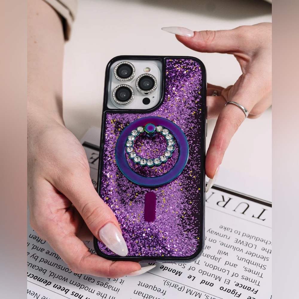 LUXYLEMON IPHONE 16 PRO PURPLE GLITTER LIQUID CASE WITH MAGNETIC GRIP | NWT